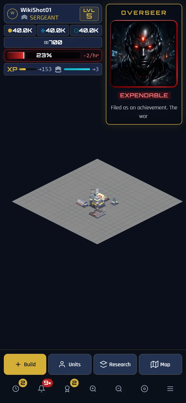 The same base on a phone: profile with a level badge, four resource counters including War Bonds, and two progress meters stacked top-left, Overseer and life bar top-right, and a two-row action bar across the bottom.
