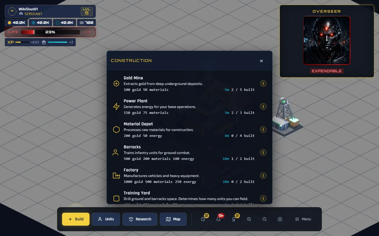 The construction menu open over the base, listing Gold Mine, Power Plant, Material Depot, Barracks, Training Yard, Factory, Motor Pool, Defense Turret, Wall Segment and the three rented tents, each with its cost, build time and a running count of how many are already built.