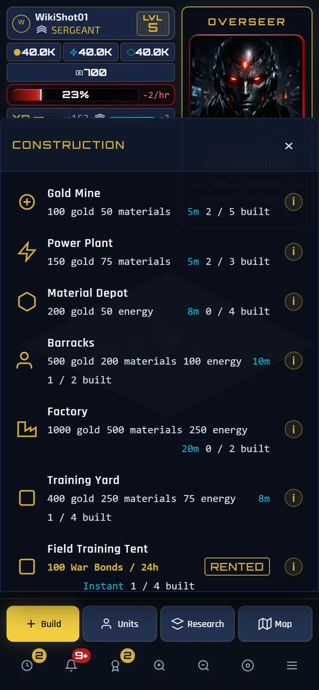 The construction menu on a phone, each row showing an icon, the structure's name and description, its cost in gold, materials and energy, its build time, a count reading two of five built, and a small circled letter i at the right-hand edge.