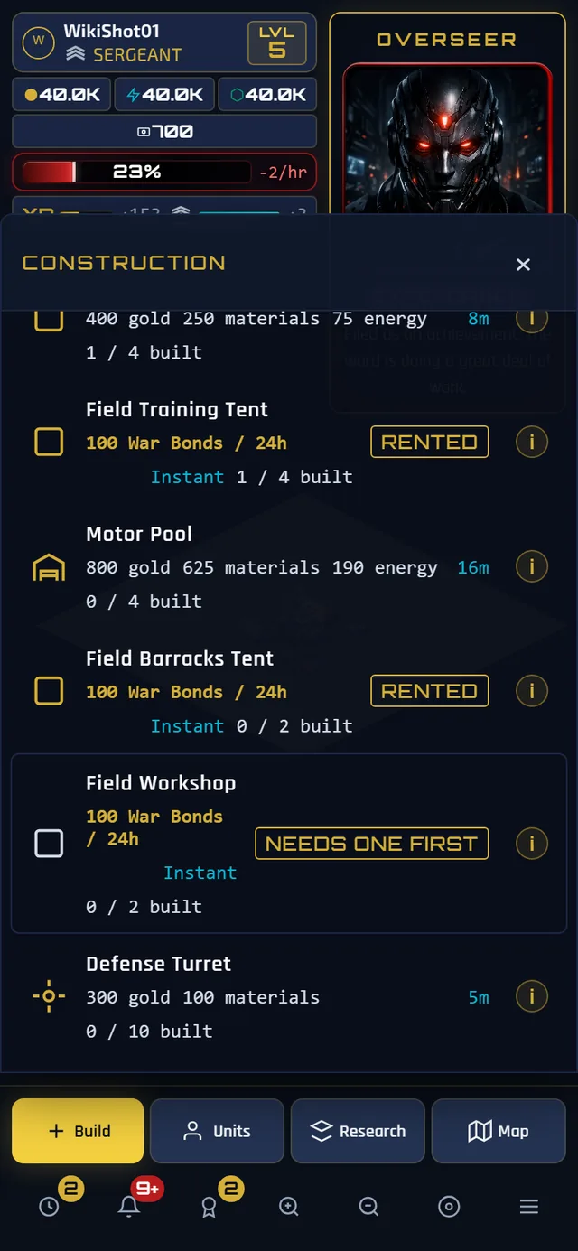 The construction menu scrolled to the three tent rows, each priced in War Bonds per twenty-four hours where every other row shows a resource cost, each showing Instant where the others show a build time, and each carrying a RENTED chip at the right-hand edge.