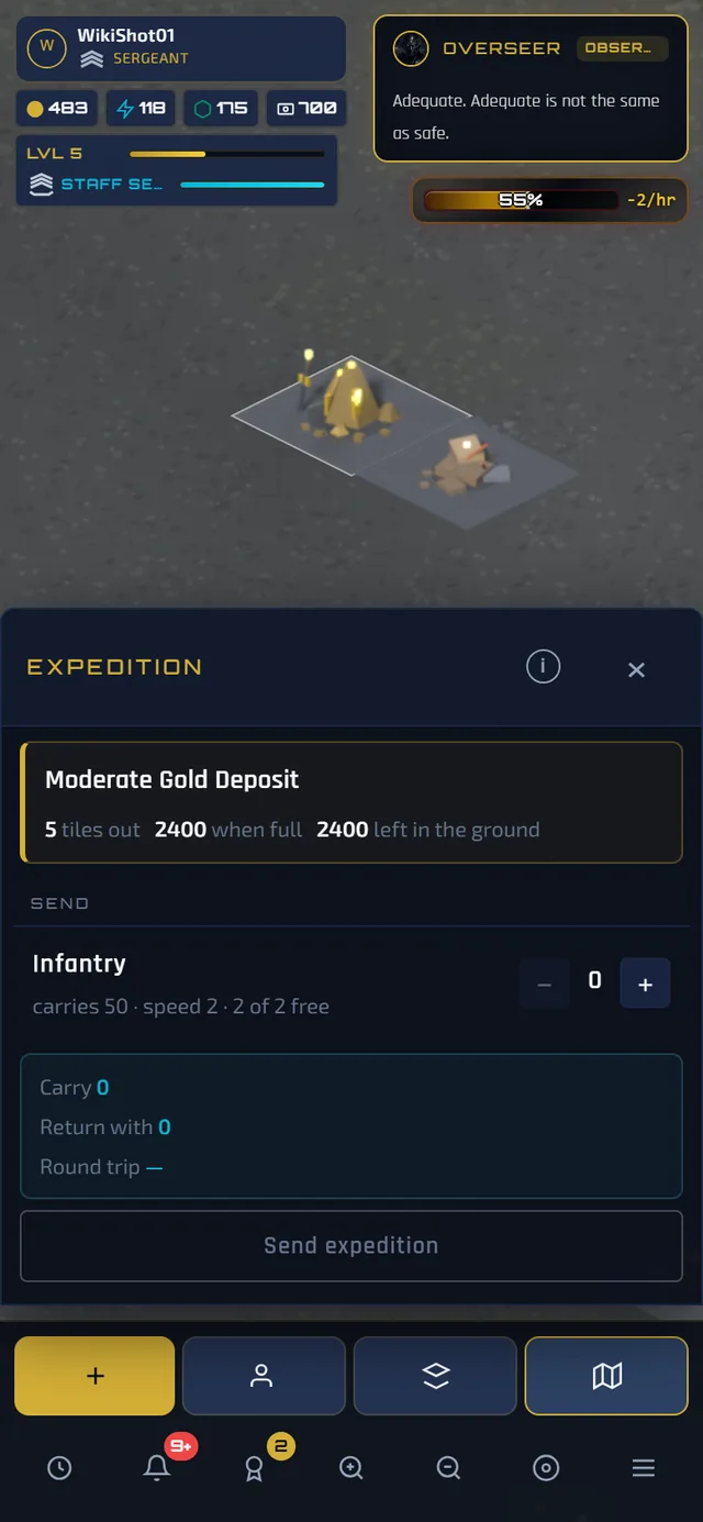 The expedition panel on a phone: a Rich Energy Deposit, three tiles out, 3,600 when full and 3,500 left in the ground. No units have been added yet, so Carry and Return with both read 0. Above the panel the map has zoomed to the deposit, framed in the strip between the status HUD and the panel.
