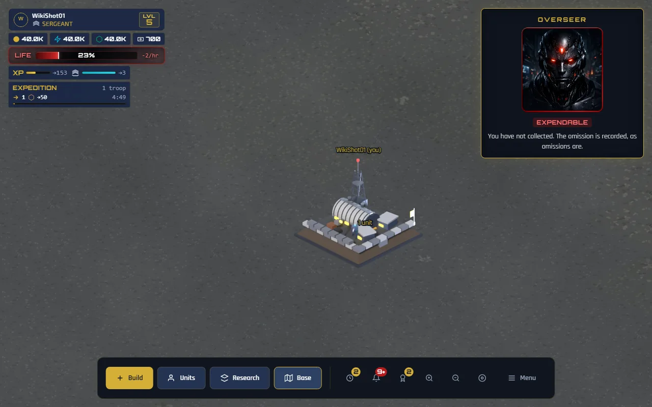 The sector map with a compact strip in the top-left corner under the player's profile, headed EXPEDITIONS with a troop count, and one row per party showing a direction arrow, the number of troops, a resource icon, the load, a countdown and a three-segment progress bar.