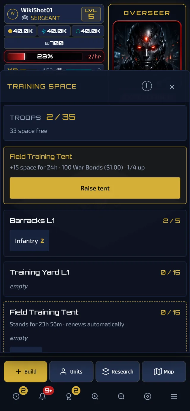 The training space screen on a phone: a summary reading troops 2 of 10 with 8 free, an offer to raise a Field Training Tent for 100 War Bonds a day, a Barracks card holding nobody, a rented tent card with a dashed border that stands for 23 hours and renews automatically, and an Unassigned group below.