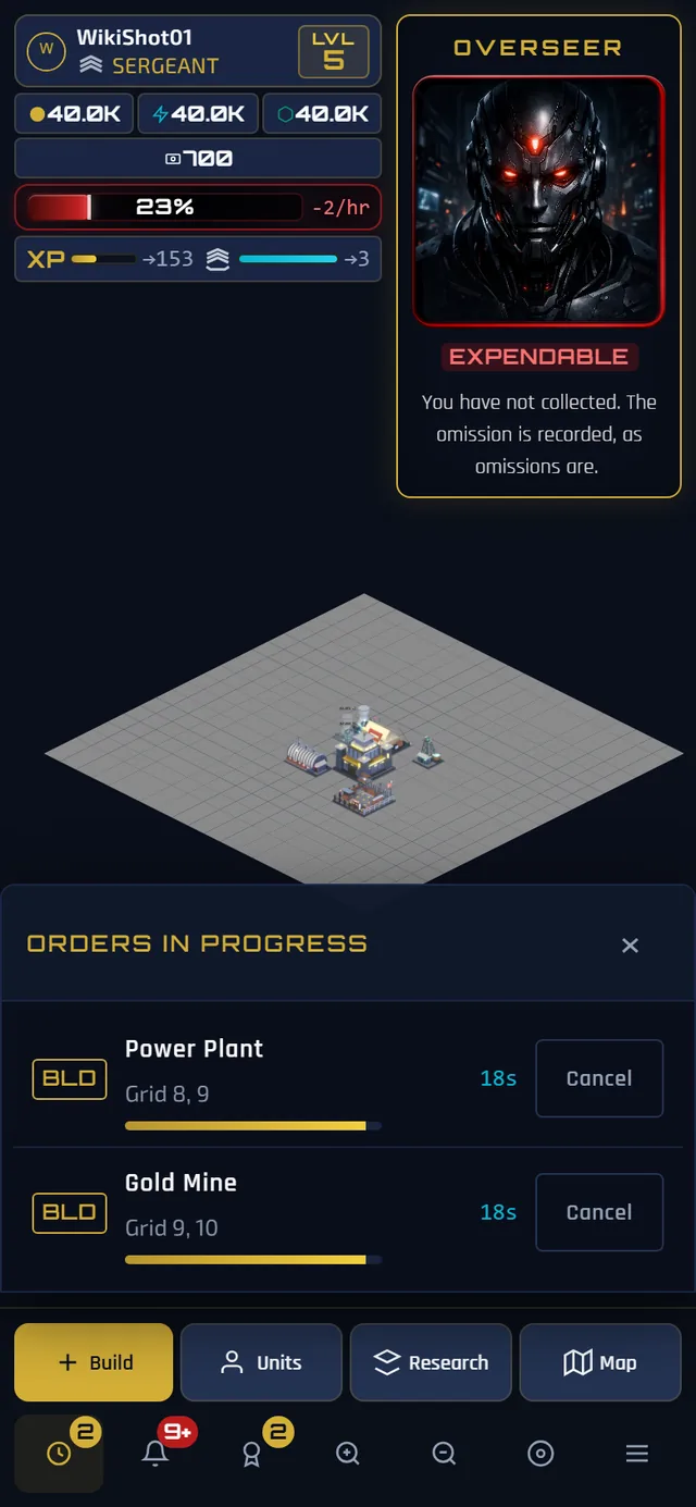 The orders panel on a phone, listing jobs in progress with a kind chip, the item and quantity, the facility it is running at, a countdown and a Cancel button on each row.