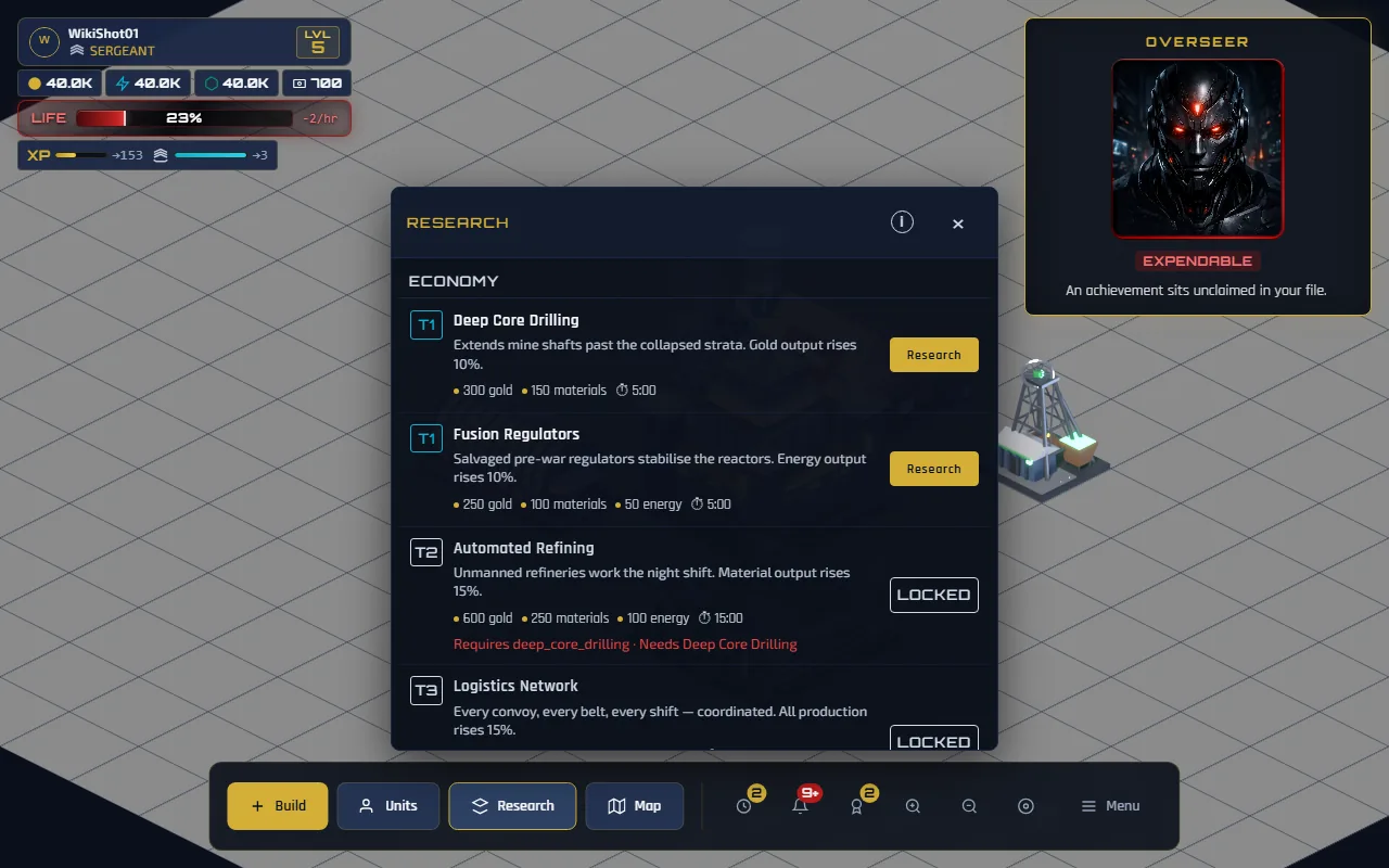The research panel showing the economy branch: Deep Core Drilling and Fusion Regulators available, Automated Refining and Logistics Network locked behind prerequisites, each with costs and a duration.
