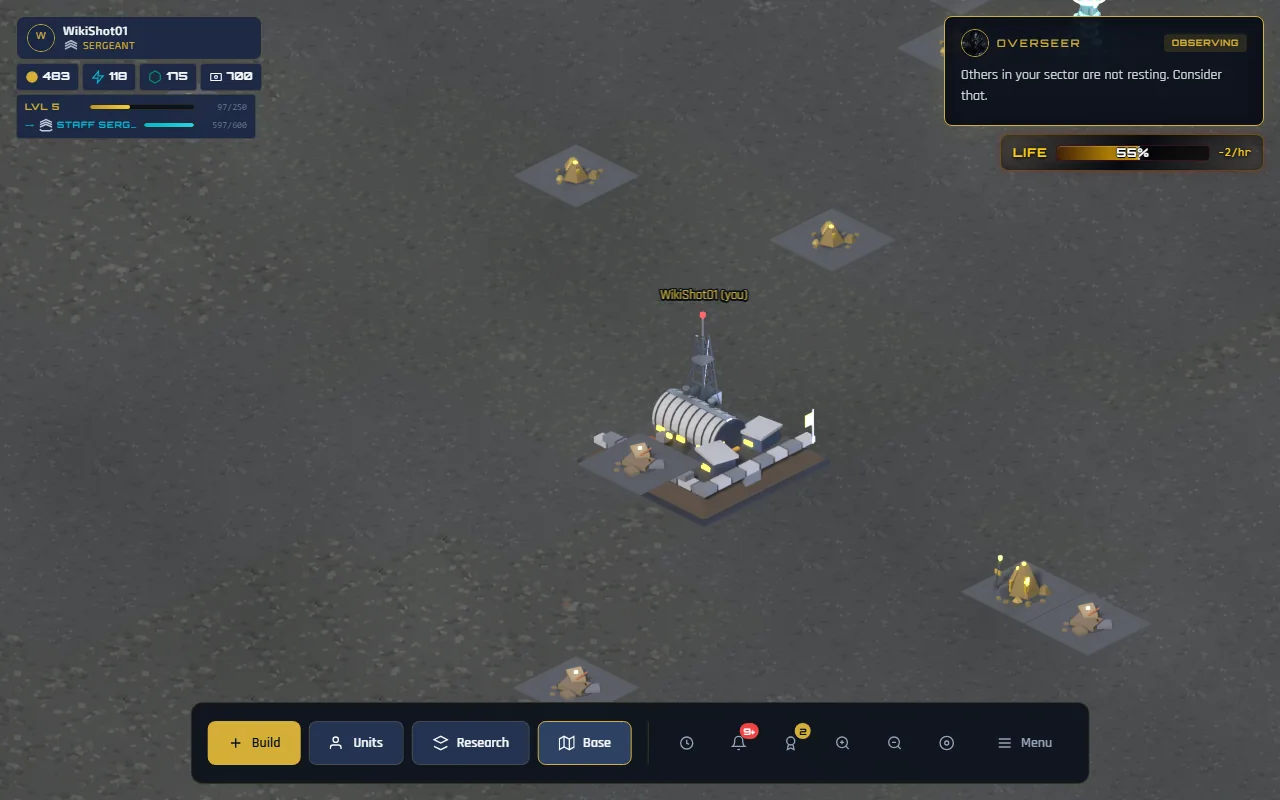 The Control Sector map: the player's own base labelled in the centre, with gold and energy deposits scattered across open grey ground around it.