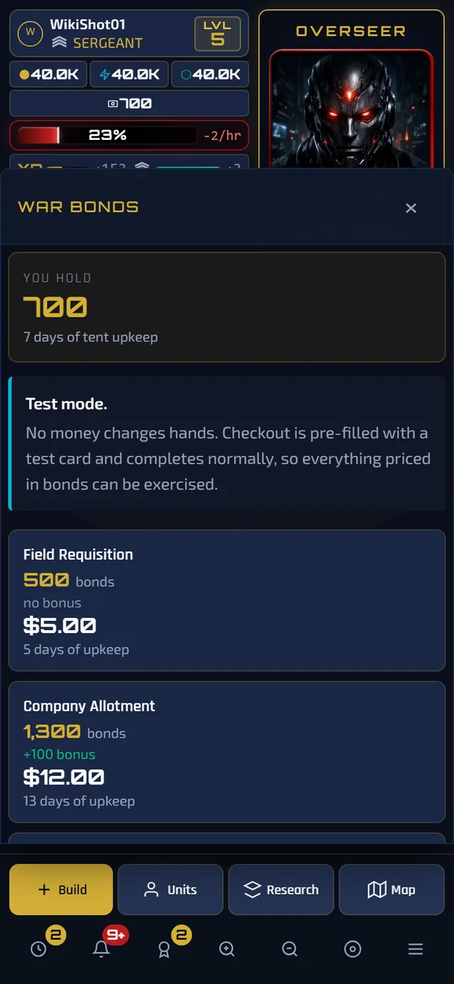 The War Bonds store on a phone: four packs listed with their bond count, any bonus bonds, the price in dollars and how many days of tent upkeep each covers.