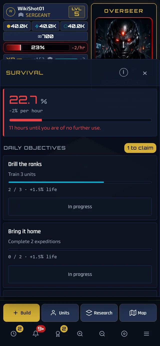 The survival panel on a phone: the life clock at the top with its percentage and hourly rate, then the four daily objectives with progress bars and their life rewards, the Overseer's tribute offer with its resource price, and a list of recent gains.