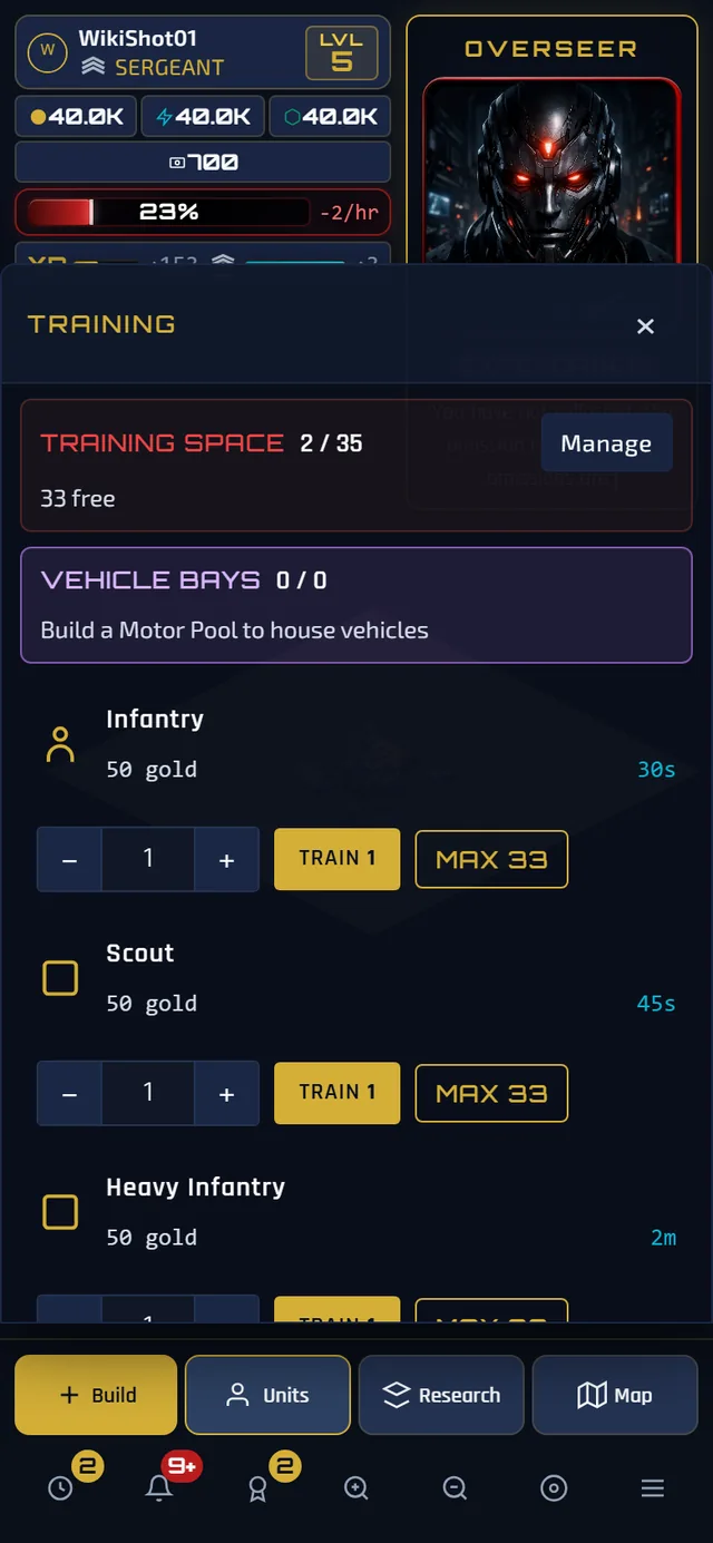 The training panel on a phone: two capacity boxes at the top, one headed TRAINING SPACE with a Manage button and one headed VEHICLE BAYS noting that it is separate from troops, then the Infantry, Scout and Heavy Infantry rows, each with its cost, training time, a quantity stepper, a Train button and a MAX button.