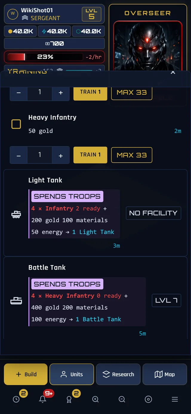 The training panel on a phone scrolled to the Light Tank row: two capacity boxes at the top reading TRAINING SPACE and VEHICLE BAYS side by side, then a row headed SPENDS TROOPS showing four Infantry with the number ready beneath them, plus gold, materials and energy, an arrow, and one Light Tank. Below is a quantity stepper, a Build button and a MAX button.